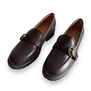 Cole Haan Women Dark Brown Leather Giana Buckle Loafer Chunky Lug Sole Size 8